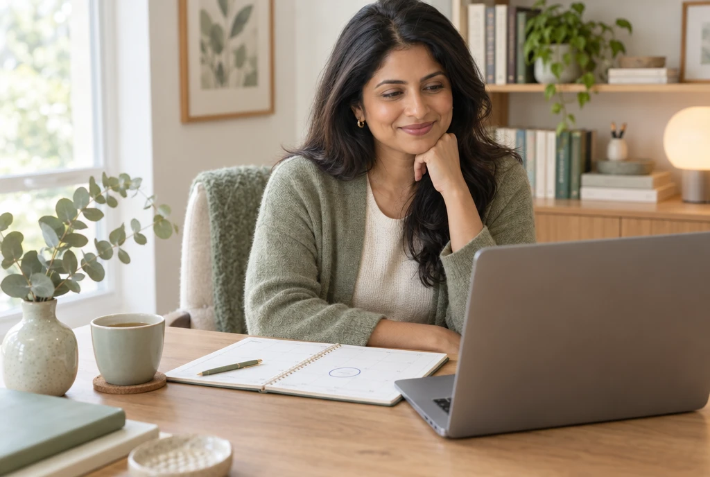 A therapist smiling at her laptop, her planner open with the launch day circled