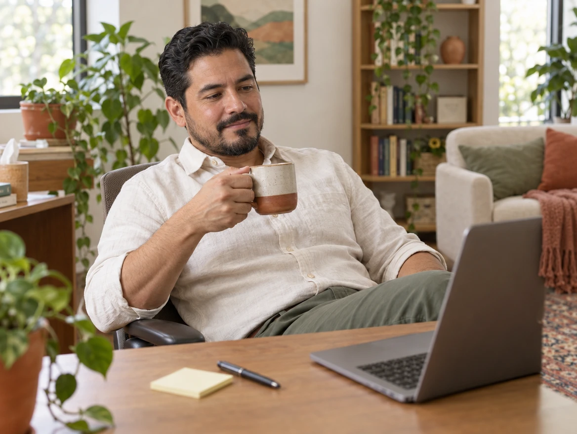 A therapist with a coffee between sessions, reviewing his site on a laptop