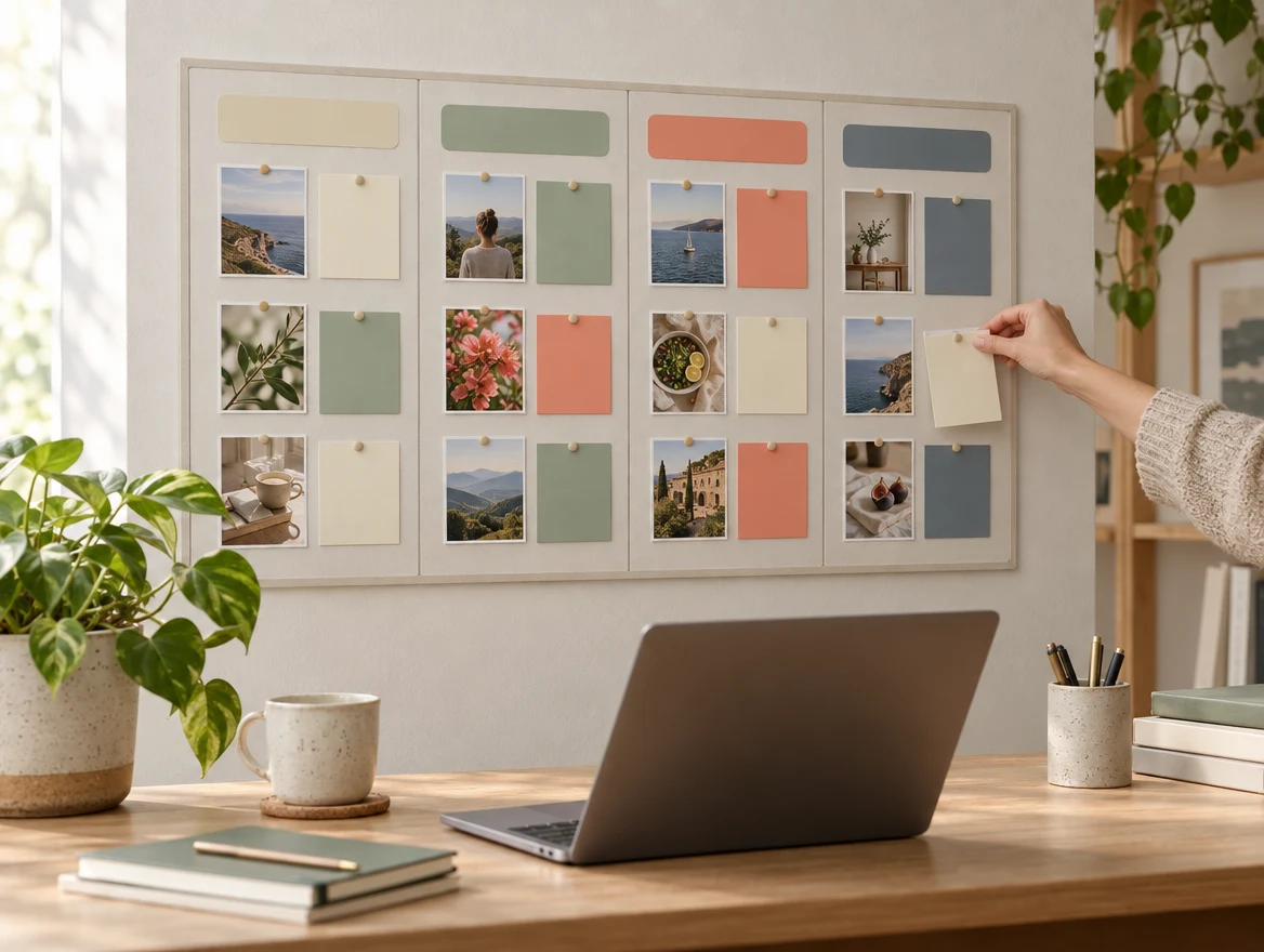 A four-week content plan pinned on a studio wall