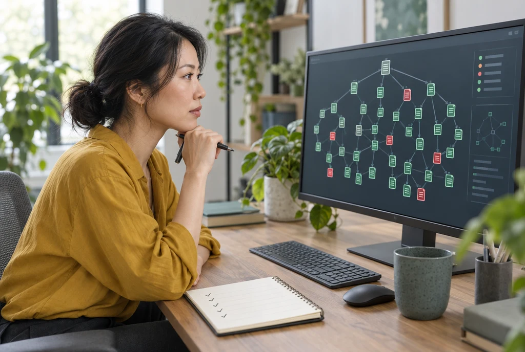 An SEO specialist checking a map of a site pages for problems on her monitor