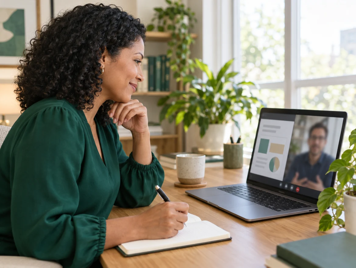 A therapist taking notes on a video call as her assessment is walked through
