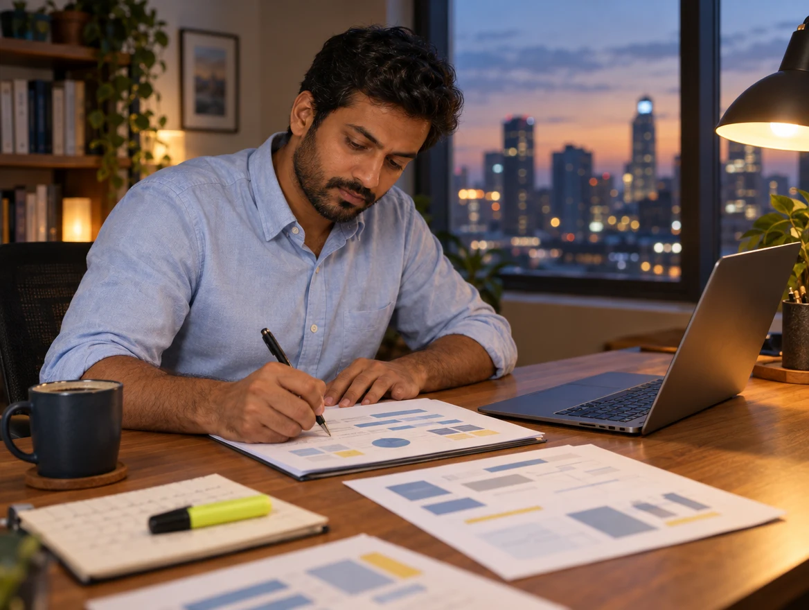 A consultant writing clear notes into an assessment report at dusk