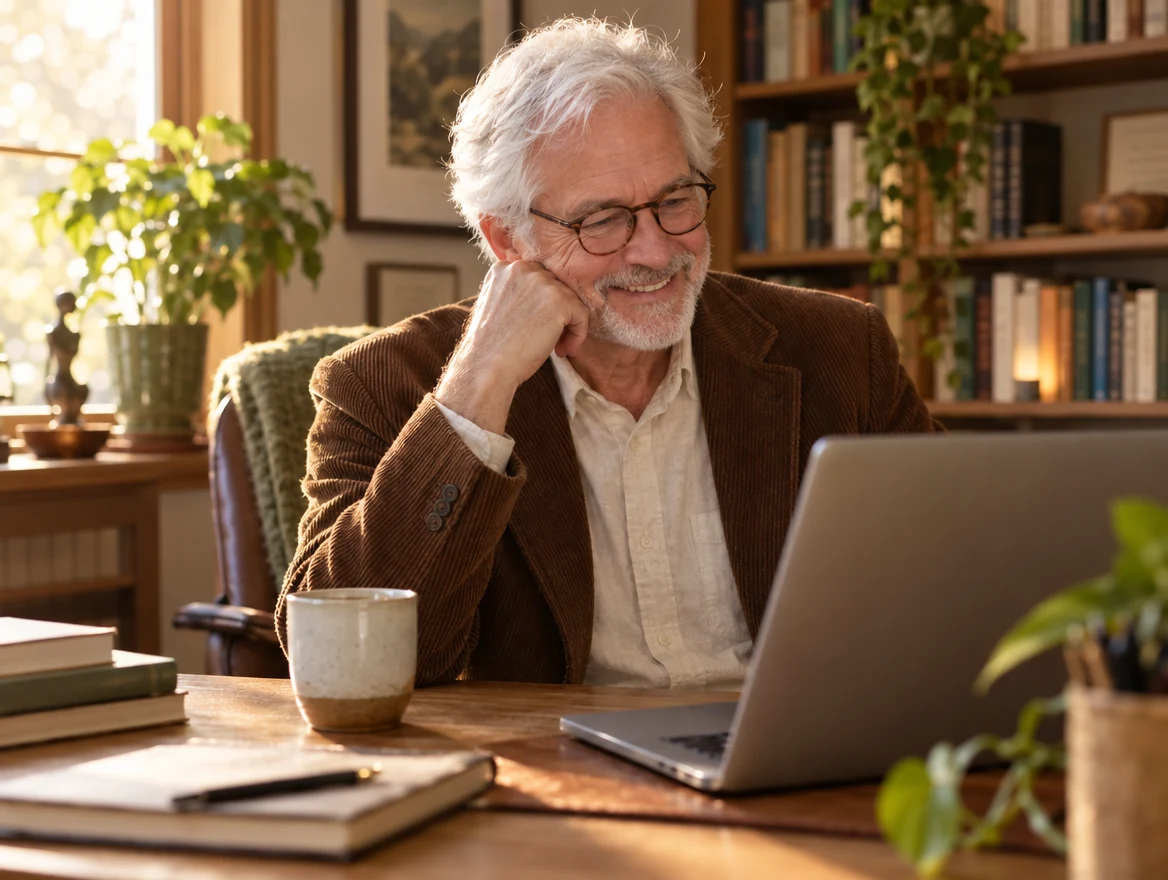 A therapist smiling at his laptop with his morning coffee