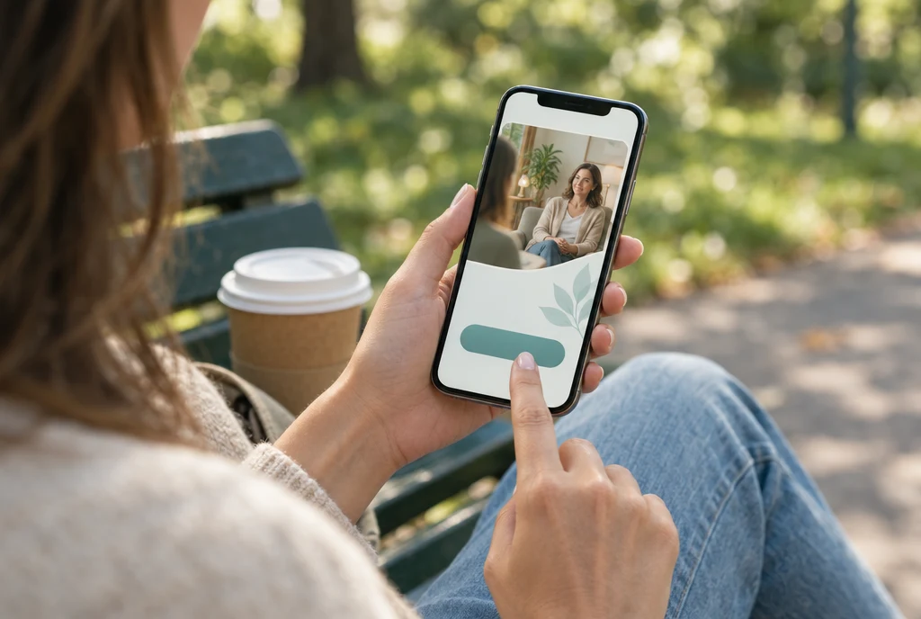 A hand tapping the booking button on a therapist website on a phone