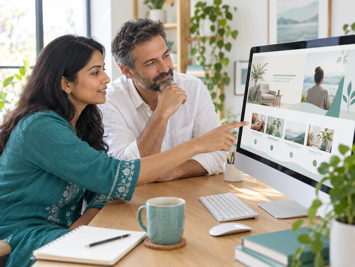 Two people from the studio reviewing a practice website together on a monitor