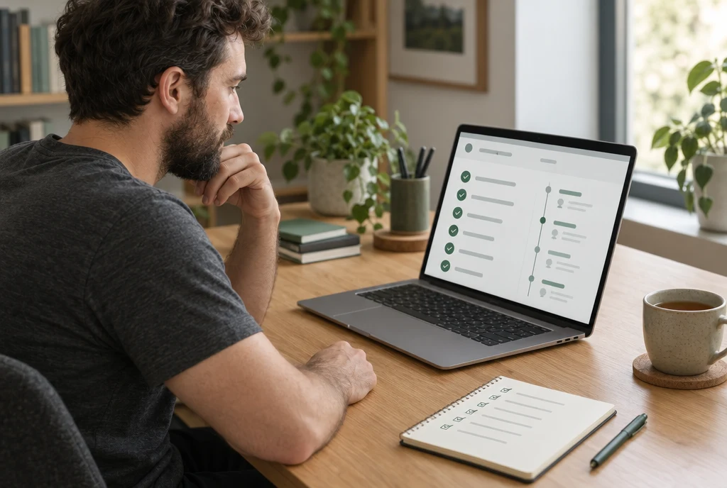 A developer checking updates and version history at a calm studio desk
