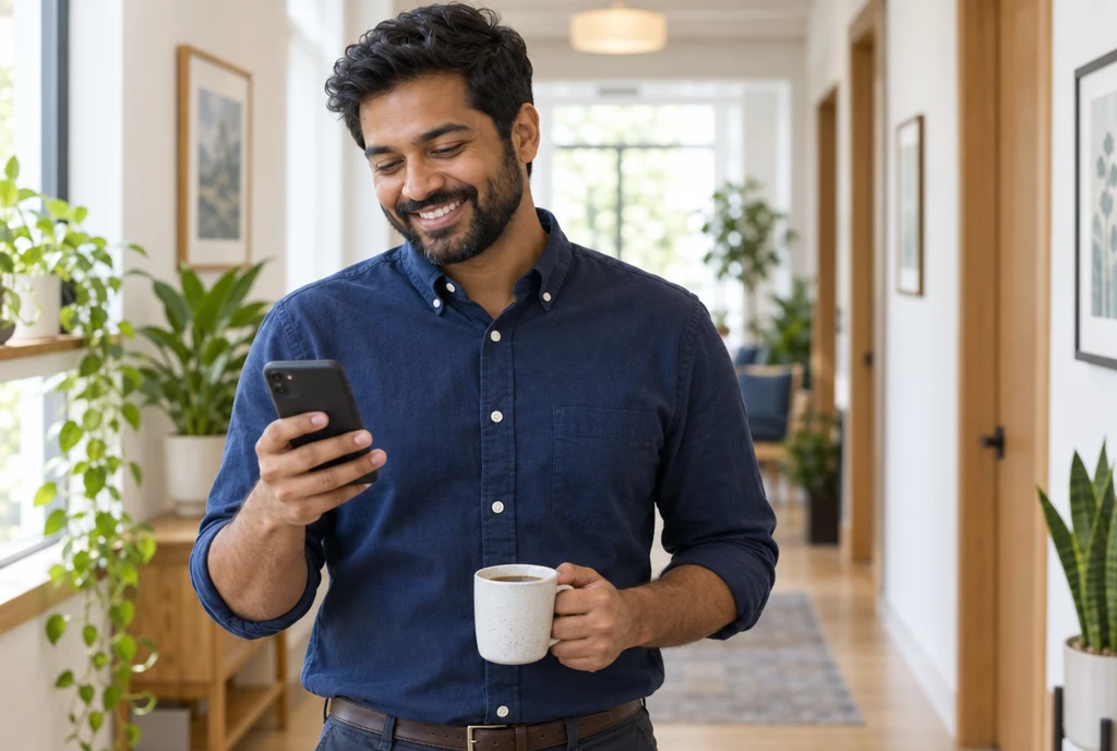 A therapist in his practice hallway smiling at a reply on his phone between sessions