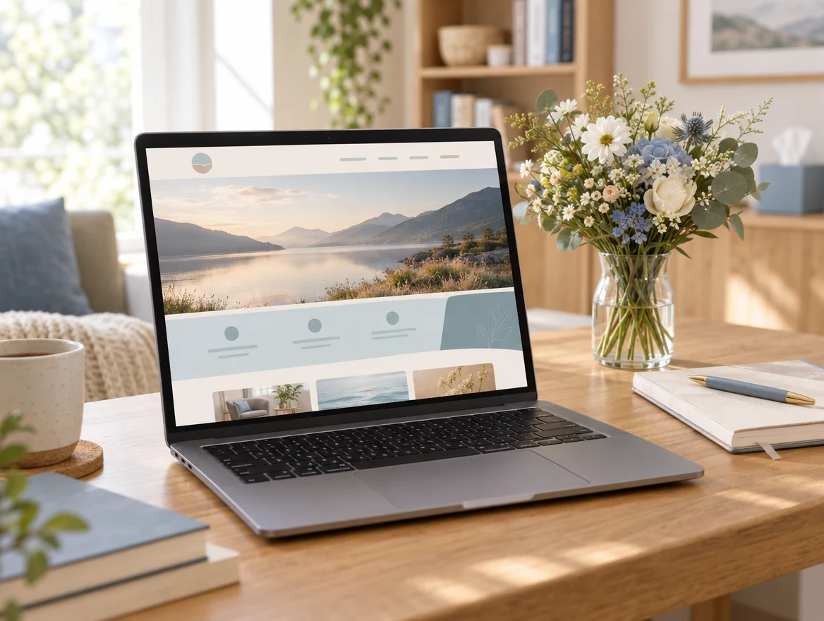 A newly launched therapist website on a laptop beside fresh flowers