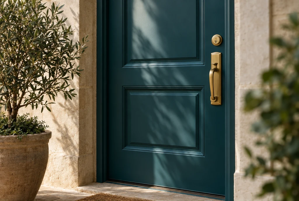 The front door of a therapy practice with a brass lock in morning light