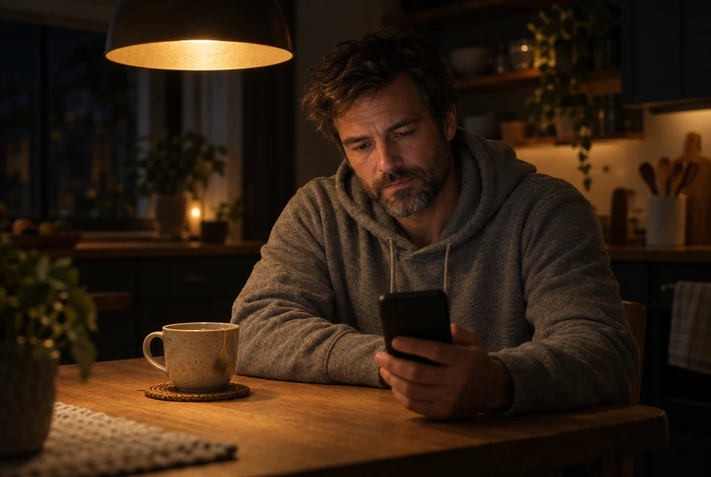 A man at his kitchen table late at night, looking at his phone under a warm lamp