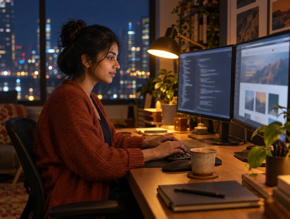 A developer at a quiet studio desk at night with a site on her monitors