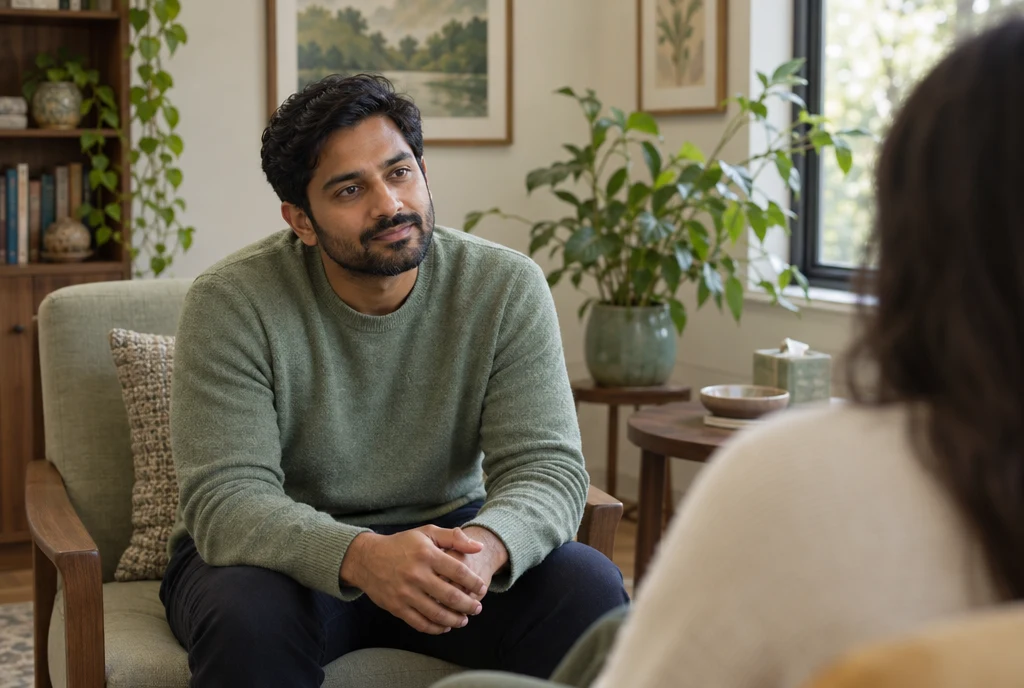 A clinician from the group listening to a client in his own therapy room