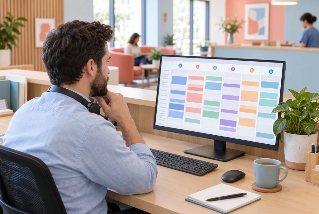 A practice manager at the front desk with every clinician schedule on one screen