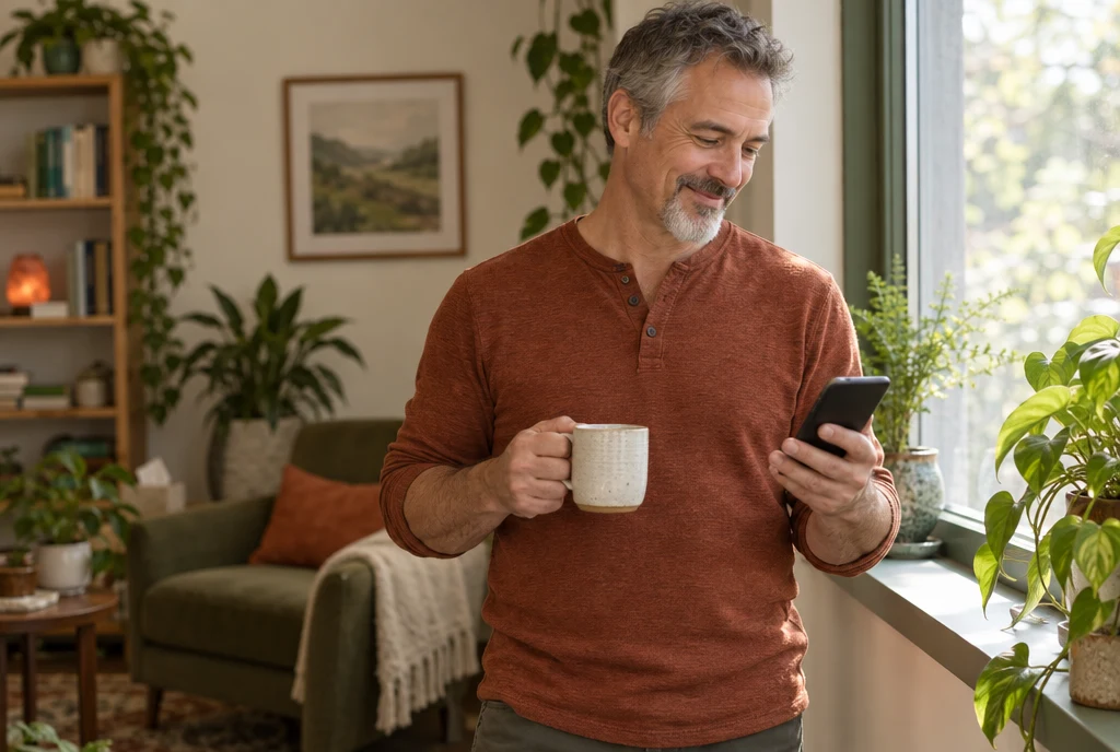 A therapist between clients smiling at a new enquiry on his phone