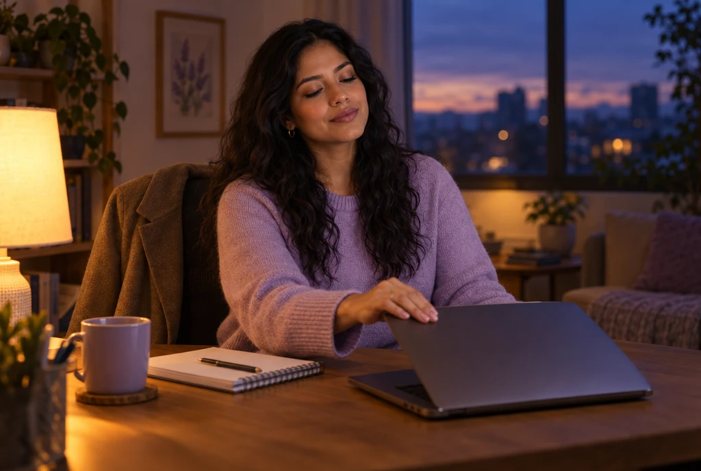 A therapist closing her laptop after evening notes, the day done